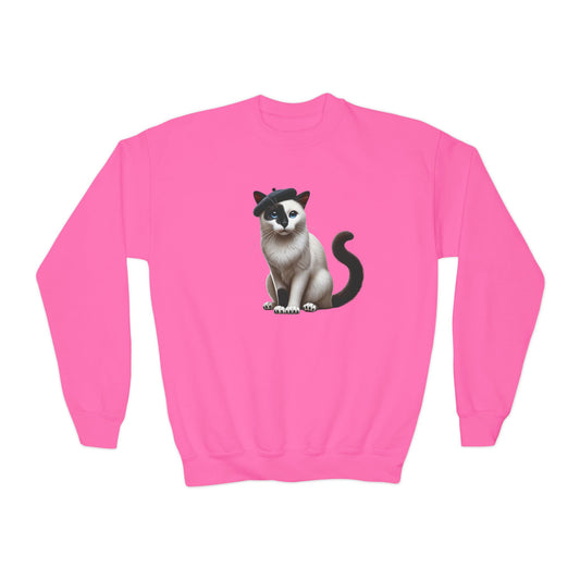 Black and White Cat Wearing A Beret - Youth Crewneck Sweatshirt - Too Cute Pets