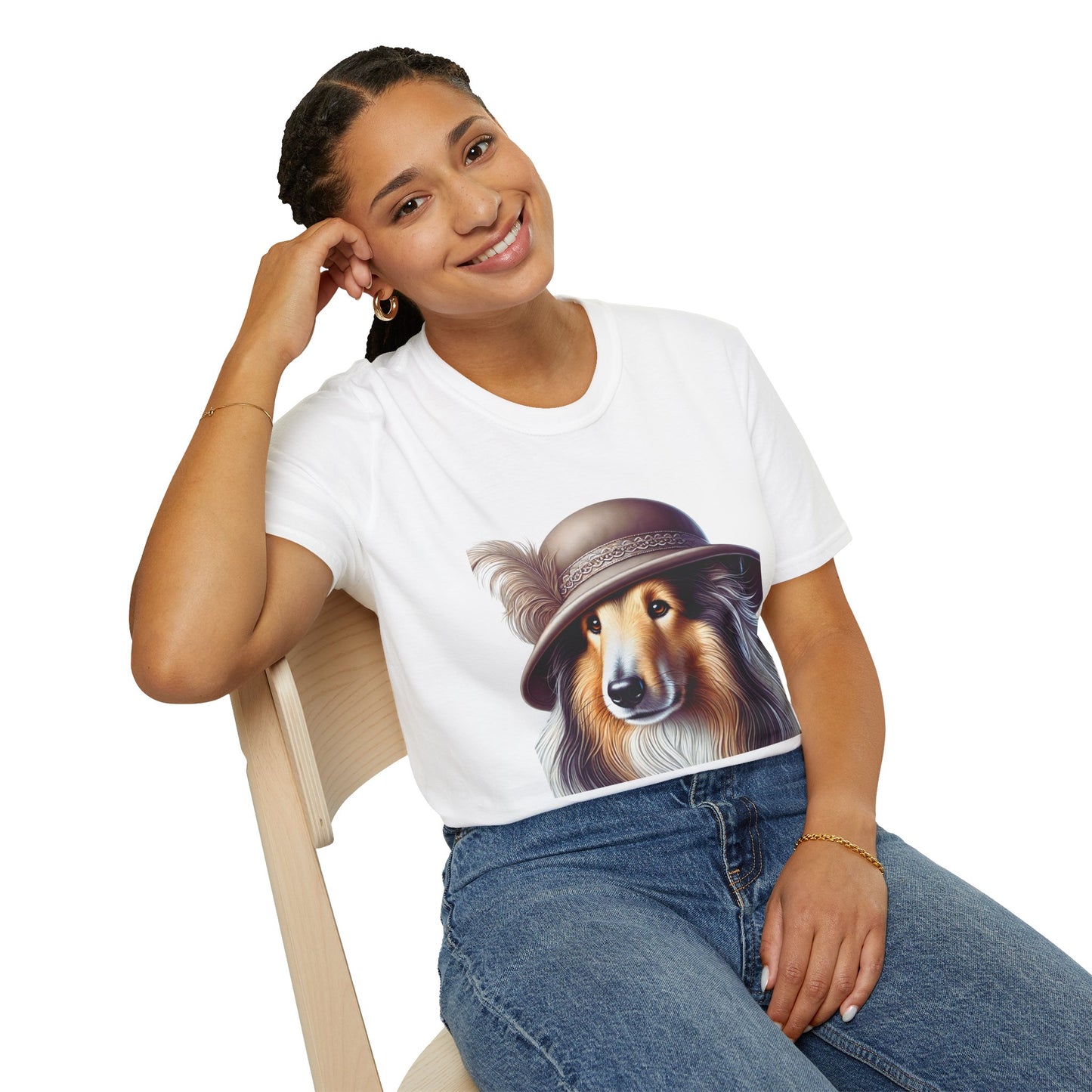 Collie Wearing Cloche Hat - Adult T-Shirt - Too Cute Pets