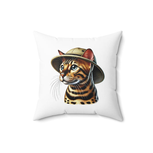 Bengal Cat Wearing a Safari Hat - Throw Pillow