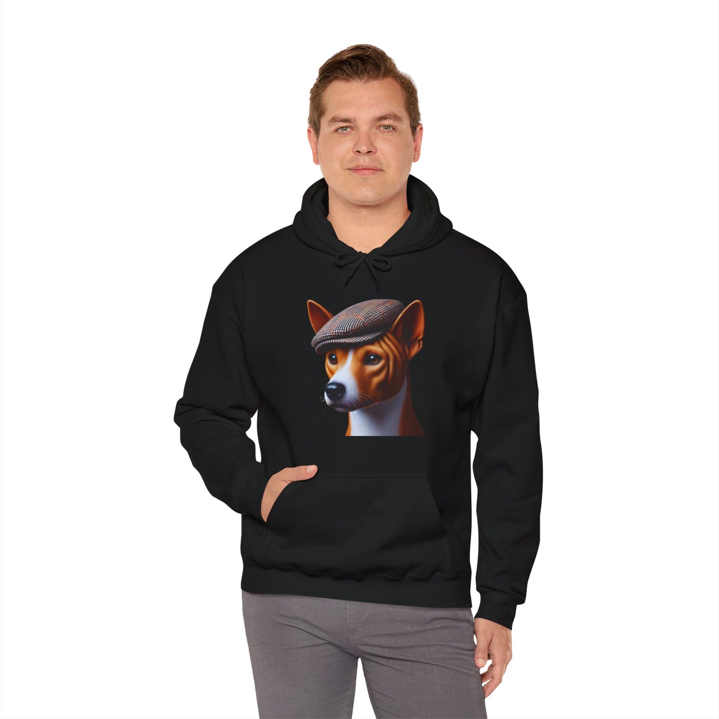 Basenji Wearing Tweed Flat Cap - Adult Hoodie - Too Cute Pets