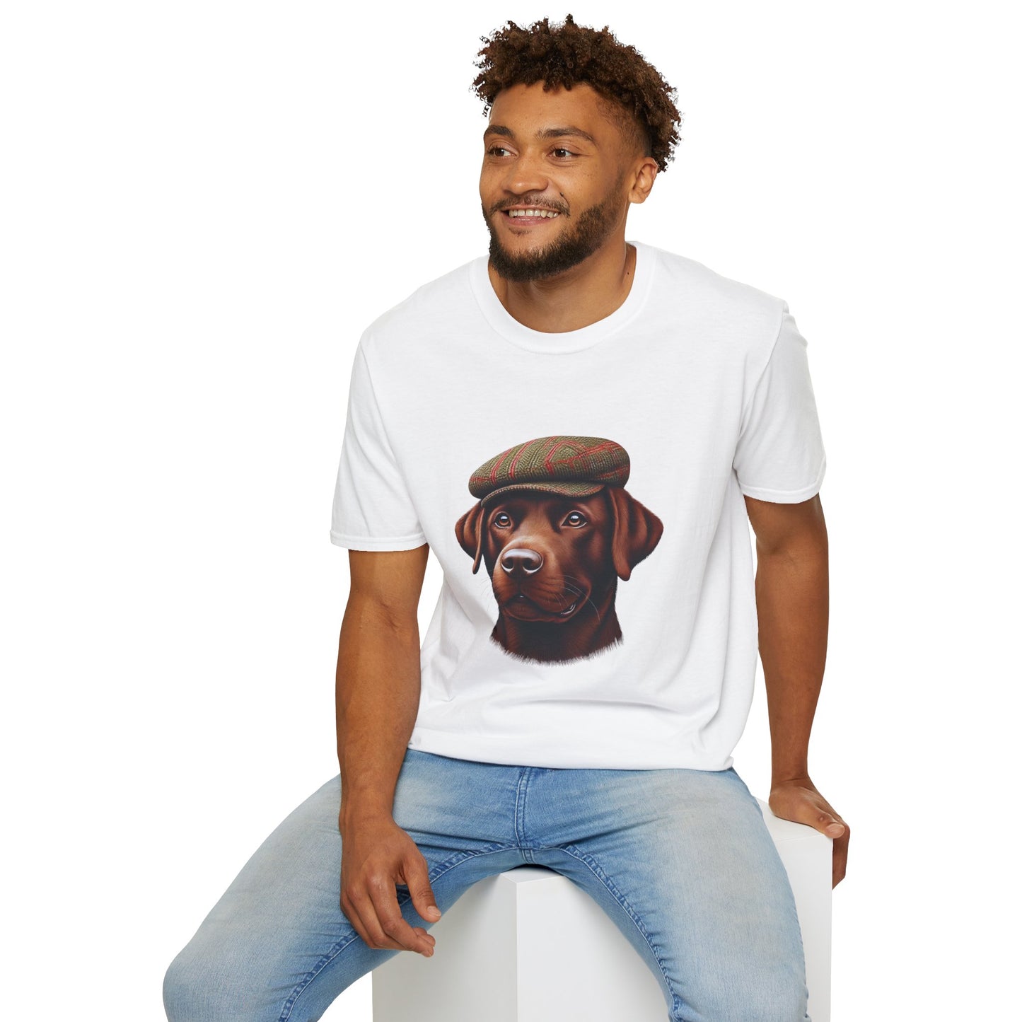 Brown Labrador Wearing Tweed Flat Cap - Adult T-Shirt - Too Cute Pets