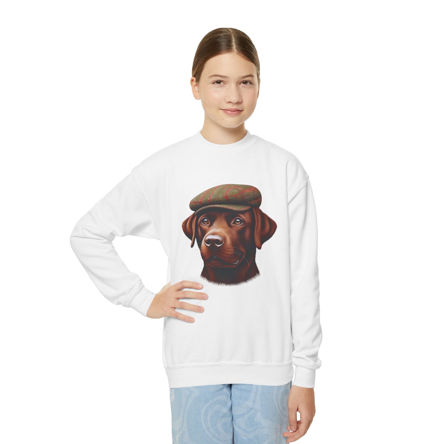 Brown Labrador With Tweed Flat Cap - Youth Crewneck Sweatshirt - Too Cute Pets