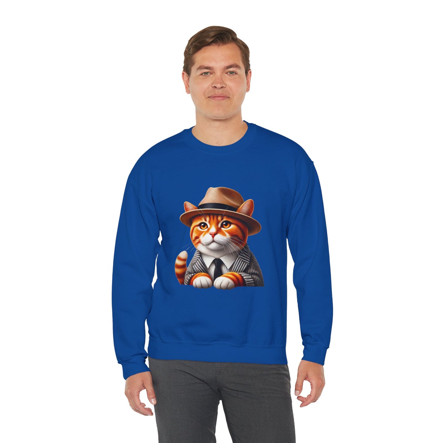 Tabby Cat Wearing A Fedora And Suit - Adult Crewneck Sweatshirt - Too Cute Pets