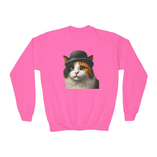 Calico Cat Wearing Bowler Hat Youth Crewneck Sweatshirt - Too Cute Pets