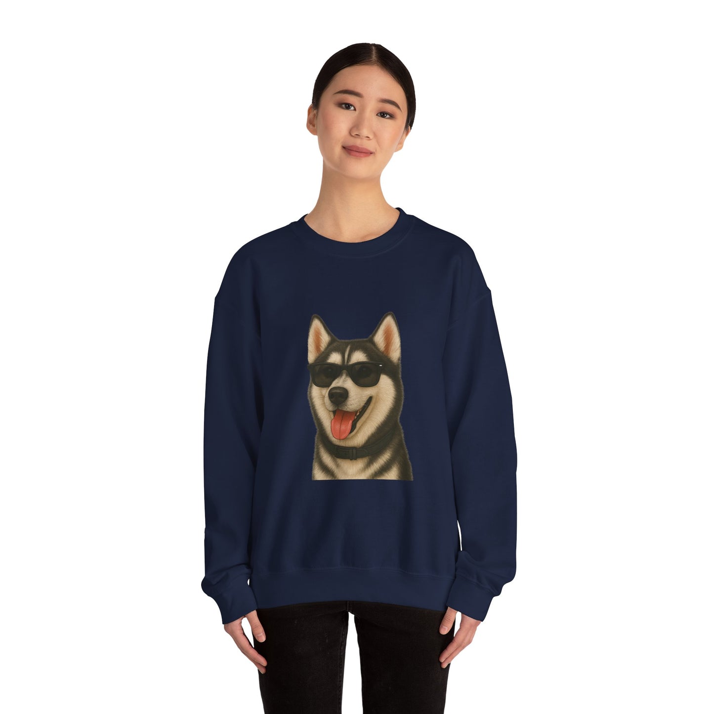 Siberian Husky Wearing Sunglasses - Adult Crewneck Sweatshirt