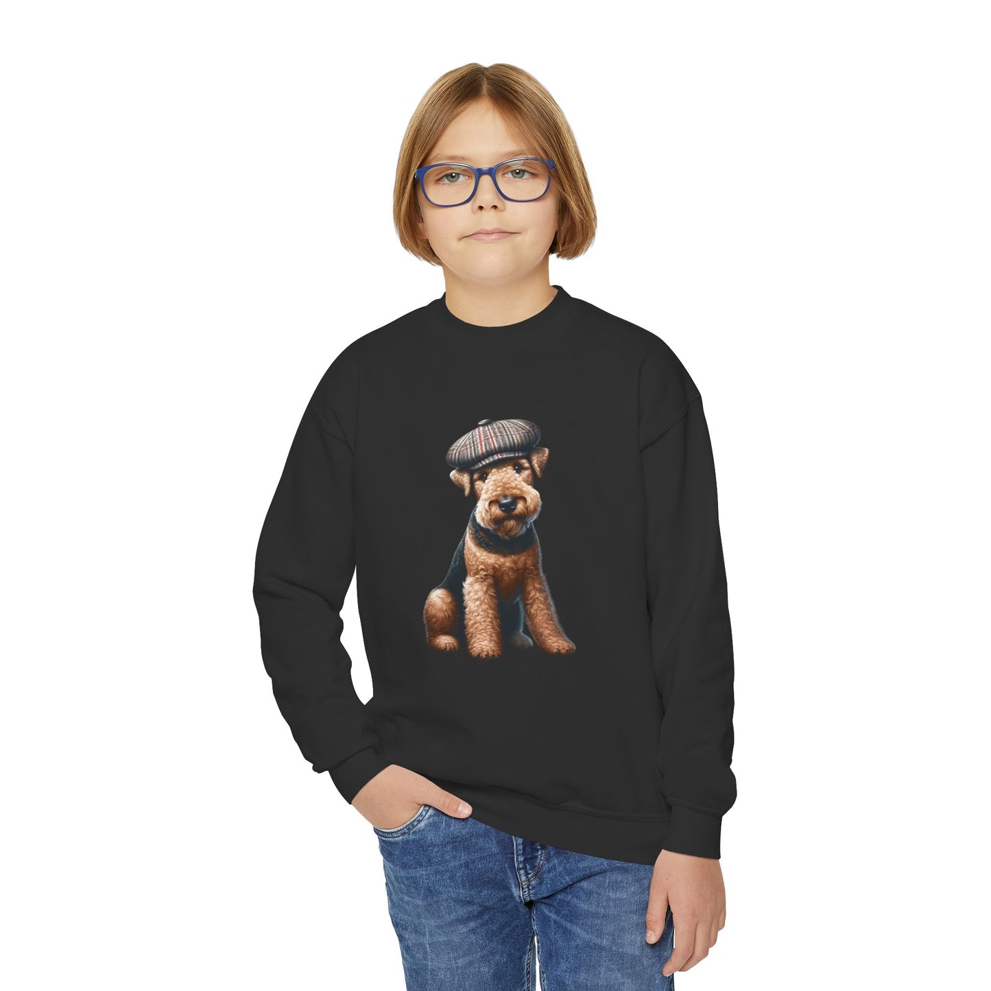 Airedale Terrier Wearing Tweed Flat Cap #2-  Youth Crewneck Sweatshirt - Too Cute Pets