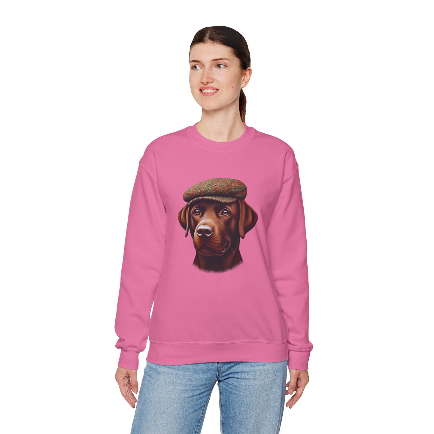 Brown Labrador Wearing Tweed Flat Cap- Adult Crewneck Sweatshirt - Too Cute Pets