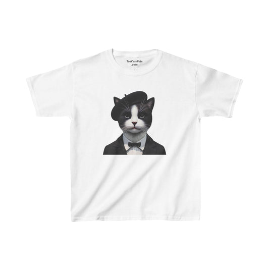 Tuxedo Cat Wearing A Tuxedo an Beret Youth T-Shirt  - Too Cute Pets
