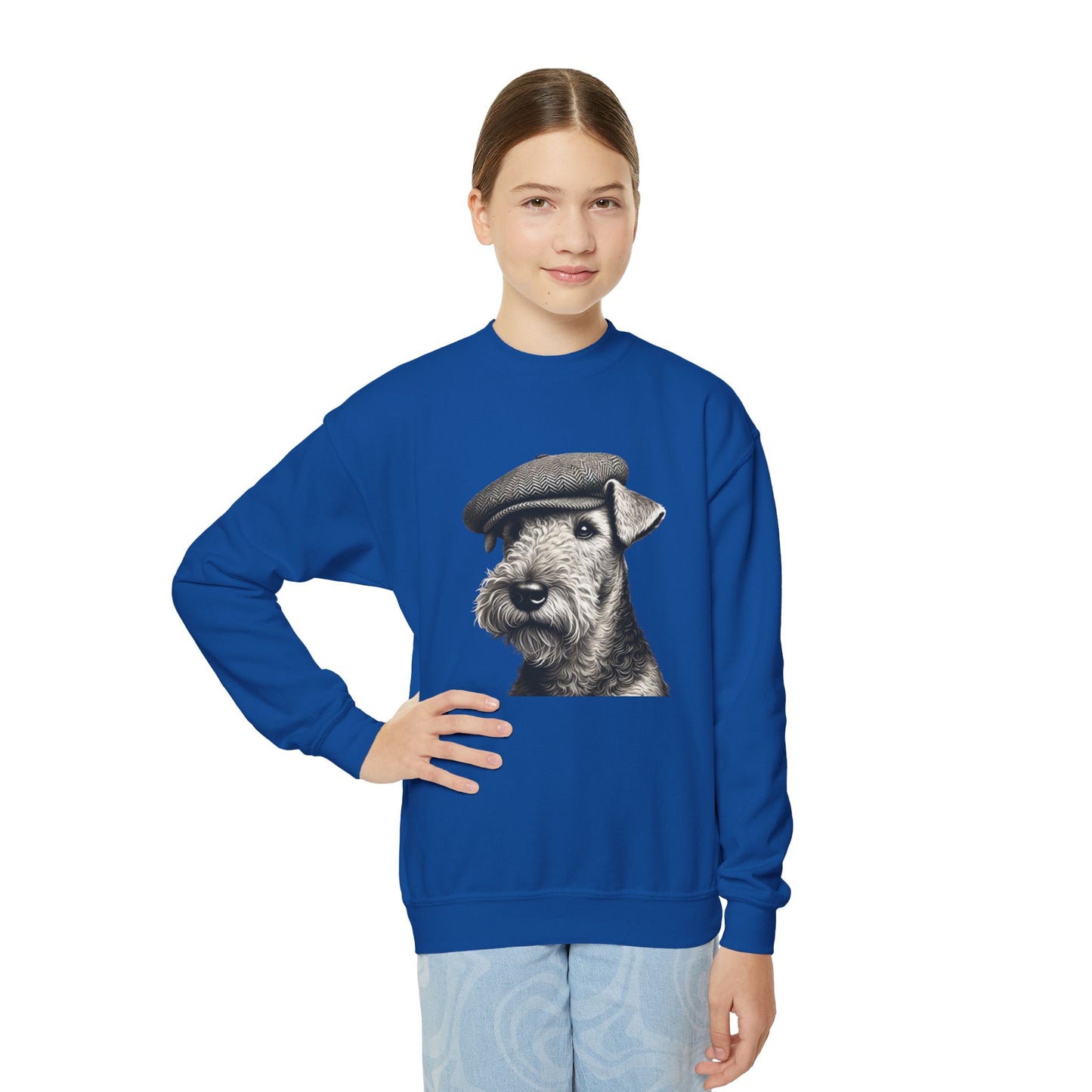 Aerdale Terrier Wearing Tweed Flat Cap (Black & White) Youth Crewneck Sweatshirt - Too Cute Pets