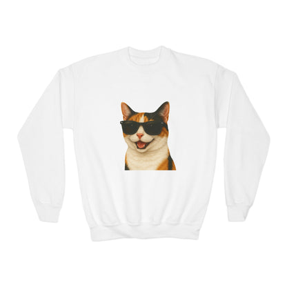 Calico Shorthair Cat Wearing Sunglasses - Youth Crewneck Sweatshirt