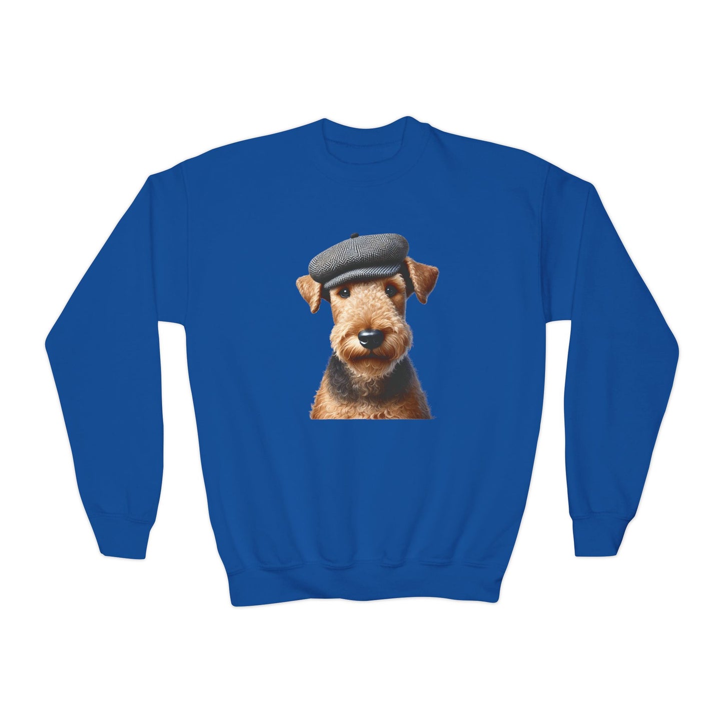 Aerdale Terrier Wearing Tweed Flat Cap- Youth Crewneck Sweatshirt - Too Cute Pets