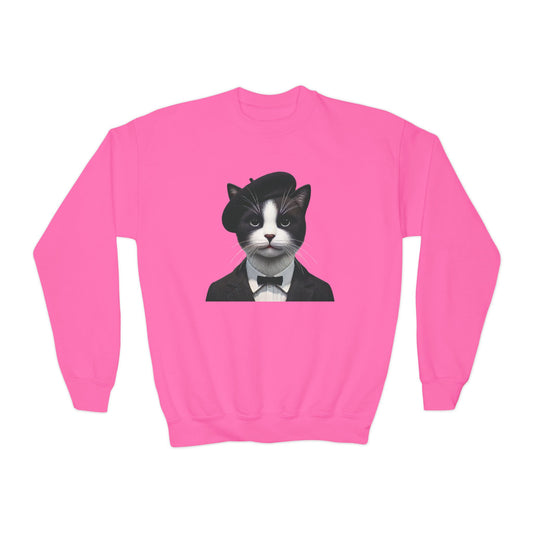 Tuxedo Cat Wearing A Tuxedo And A Beret - Youth Crewneck Sweatshirt - Too Cute Pets