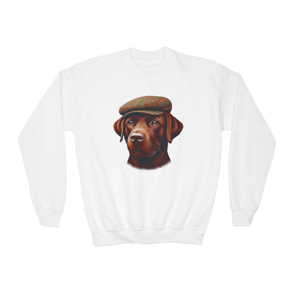 Brown Labrador With Tweed Flat Cap - Youth Crewneck Sweatshirt - Too Cute Pets