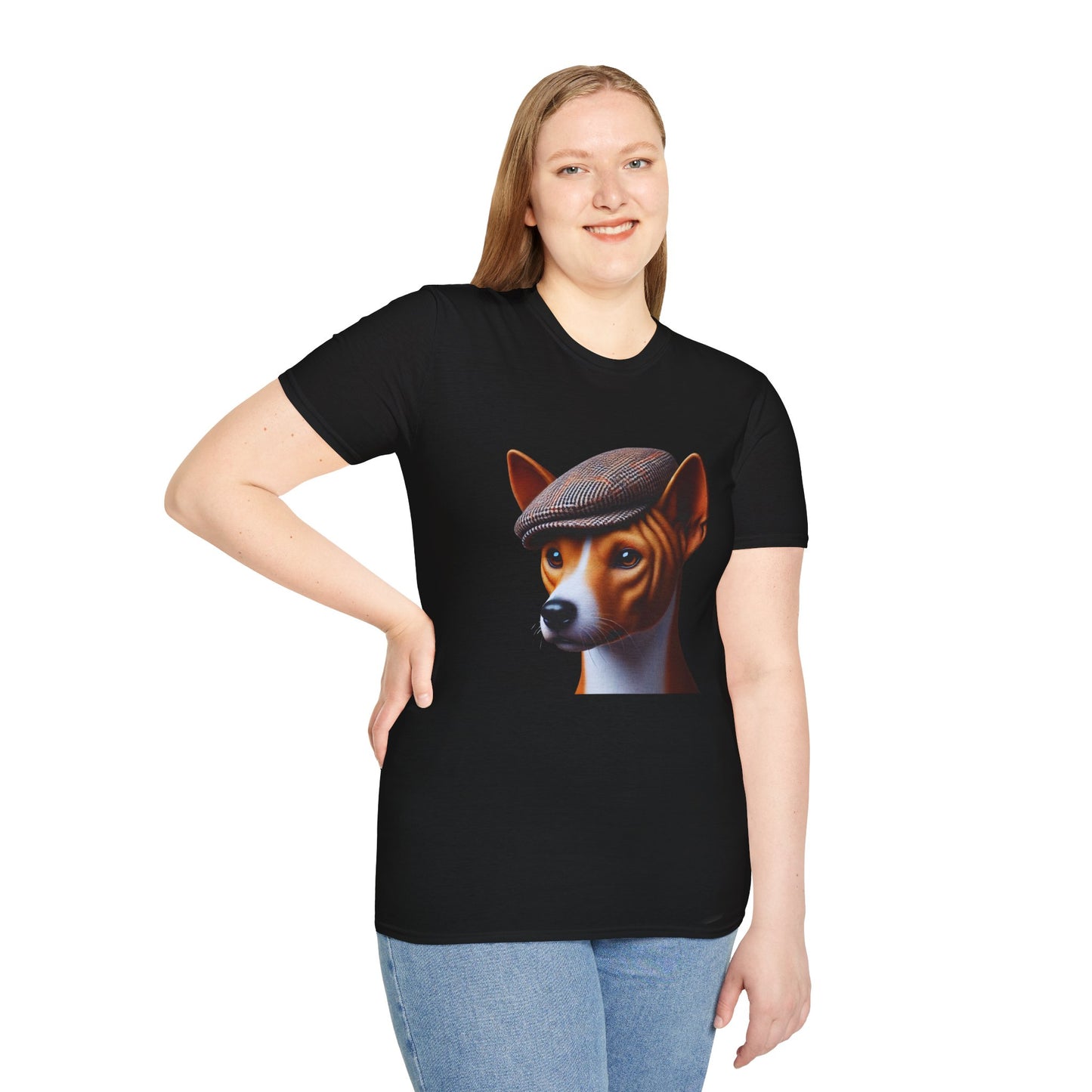 Basenji Wearing Tweed Flat Cap - Adult T-Shirt - Too Cute Pets