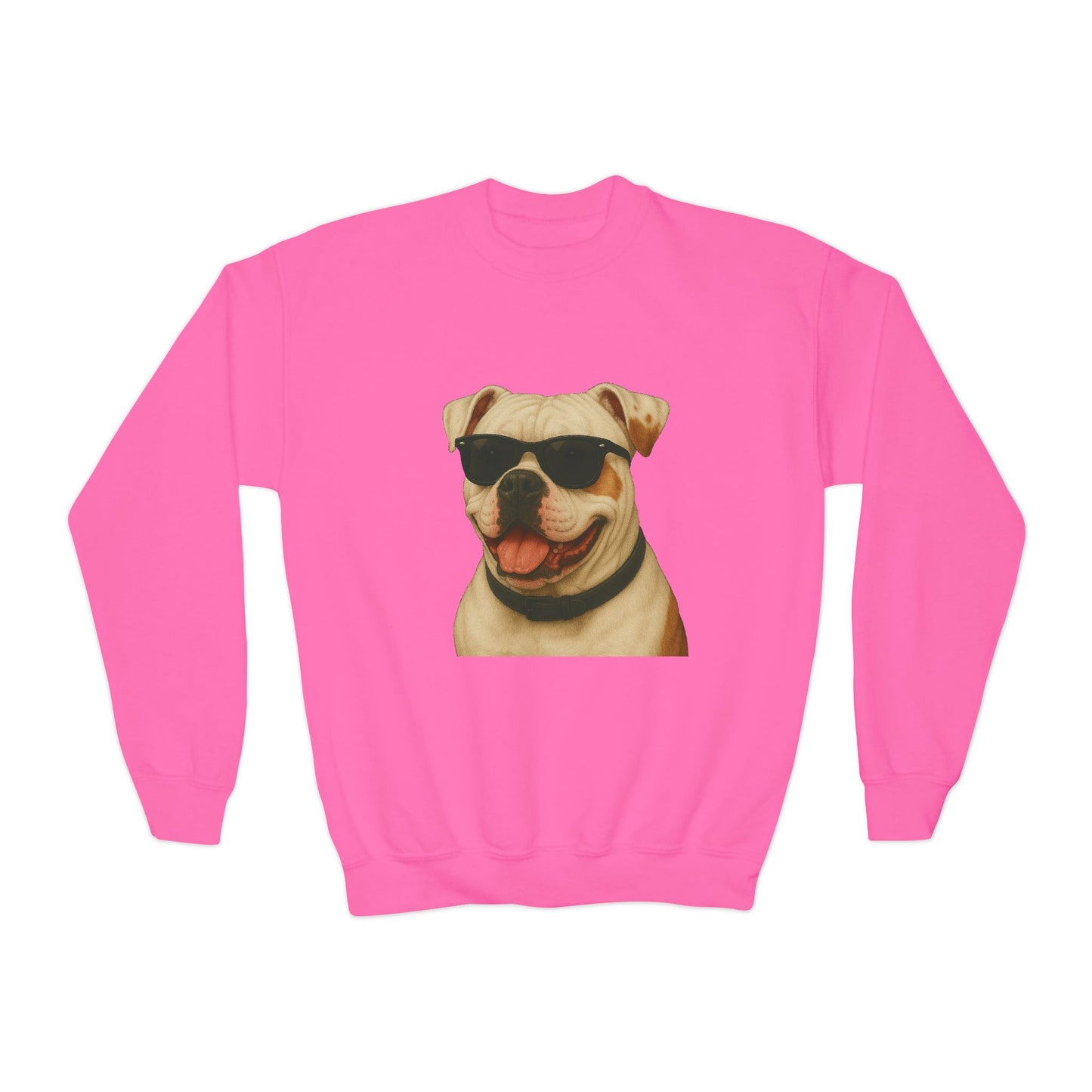 American Bulldog Portrait Youth Crewneck Sweatshirt with Sunglasses Design