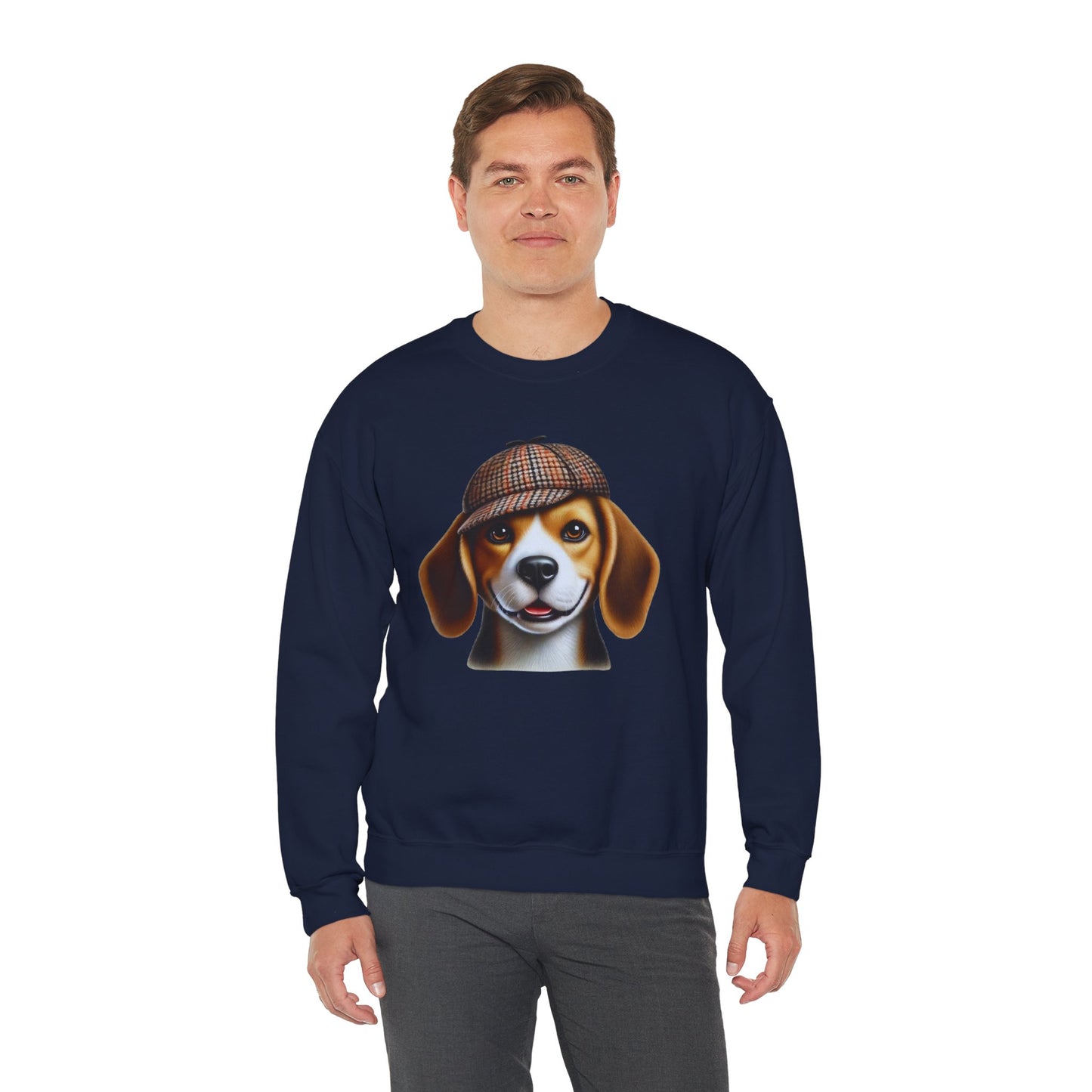 Smiling Beagle Wearing Deerstalker Hat - Adult Crewneck Sweatshirt - Too Cute Pets