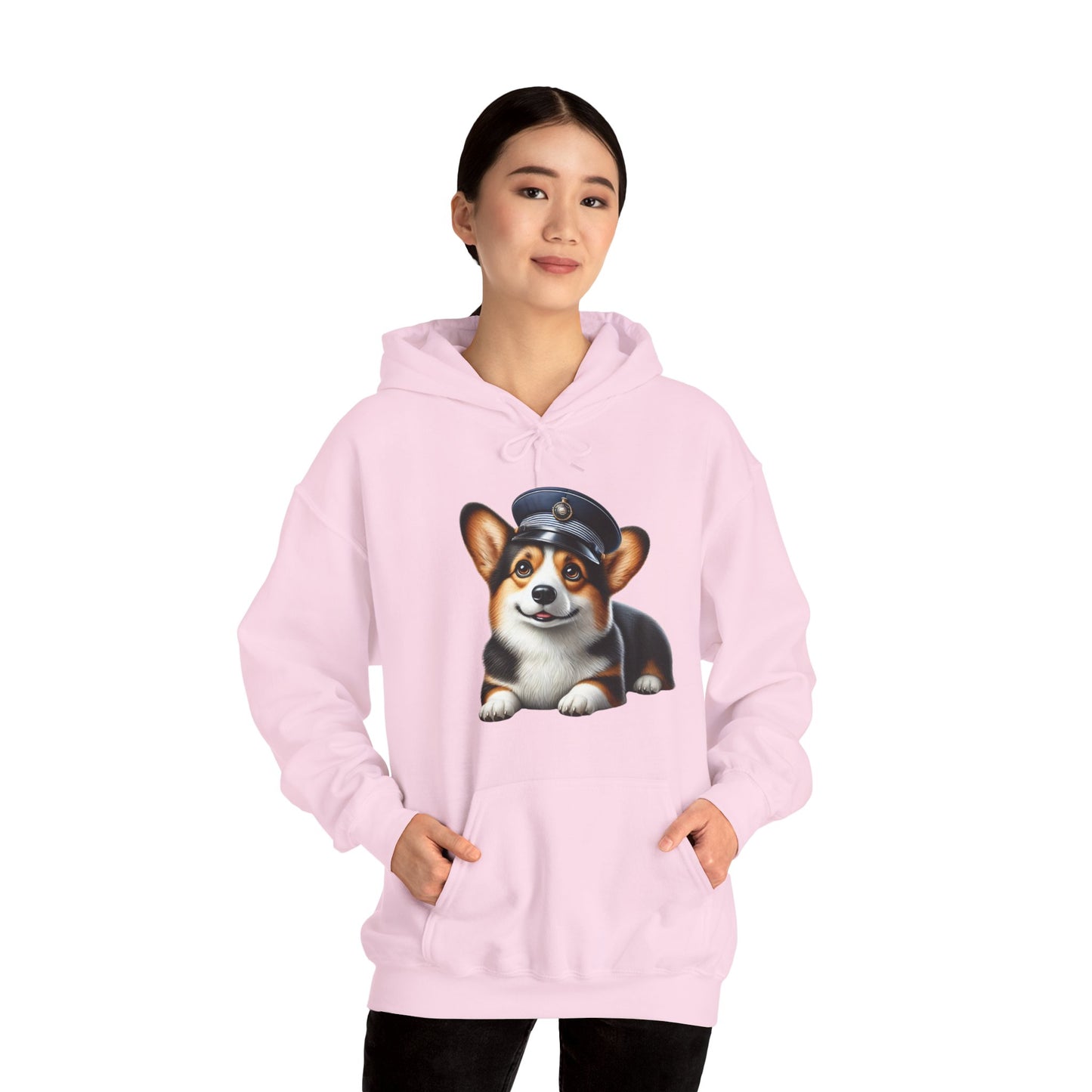 Cute Corgi Wearing A Train Conductors Hat - Adult Hoodie - Too Cute Pets