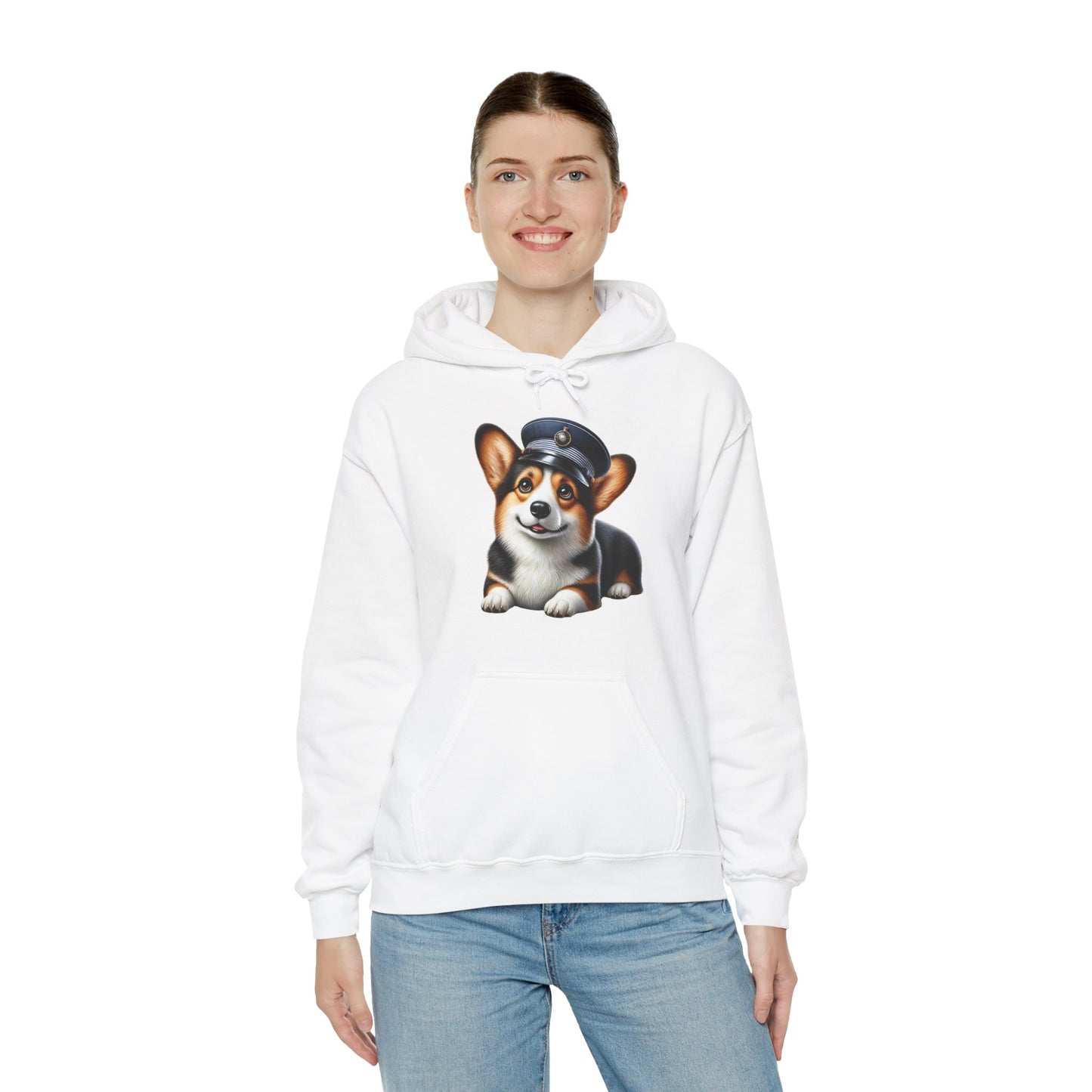 Cute Corgi Wearing A Train Conductors Hat - Adult Hoodie - Too Cute Pets