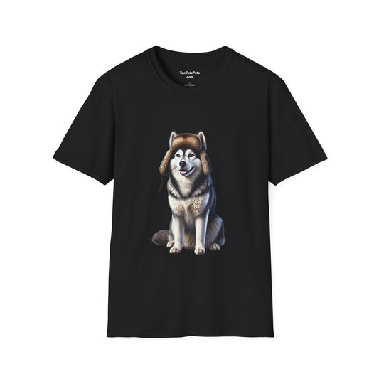 Husky Wearing A Fur Trappers hat- Adult T-Shirt - Too Cute Pets