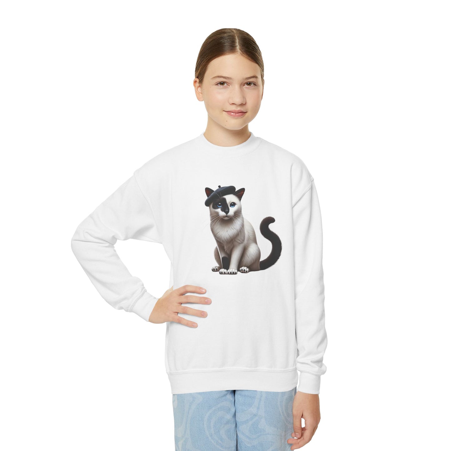 Black and White Cat Wearing A Beret - Youth Crewneck Sweatshirt - Too Cute Pets