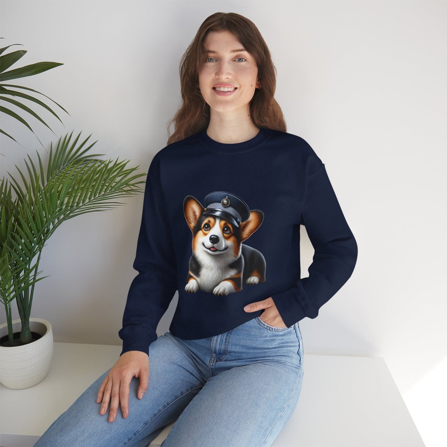 Cute Corgi Wearing A Train Conductors Hat- Adult Crewneck Sweatshirt - Too Cute Pets