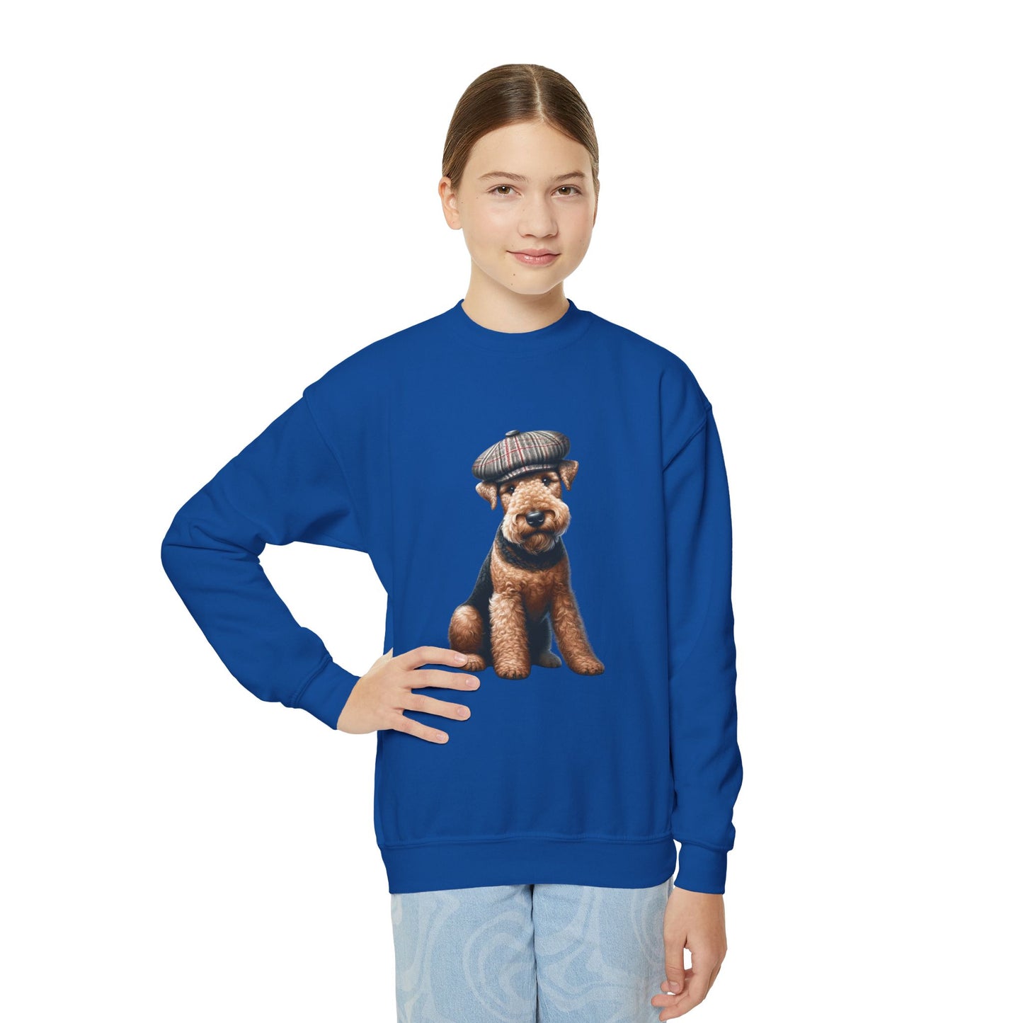 Airedale Terrier Wearing Tweed Flat Cap #2-  Youth Crewneck Sweatshirt - Too Cute Pets
