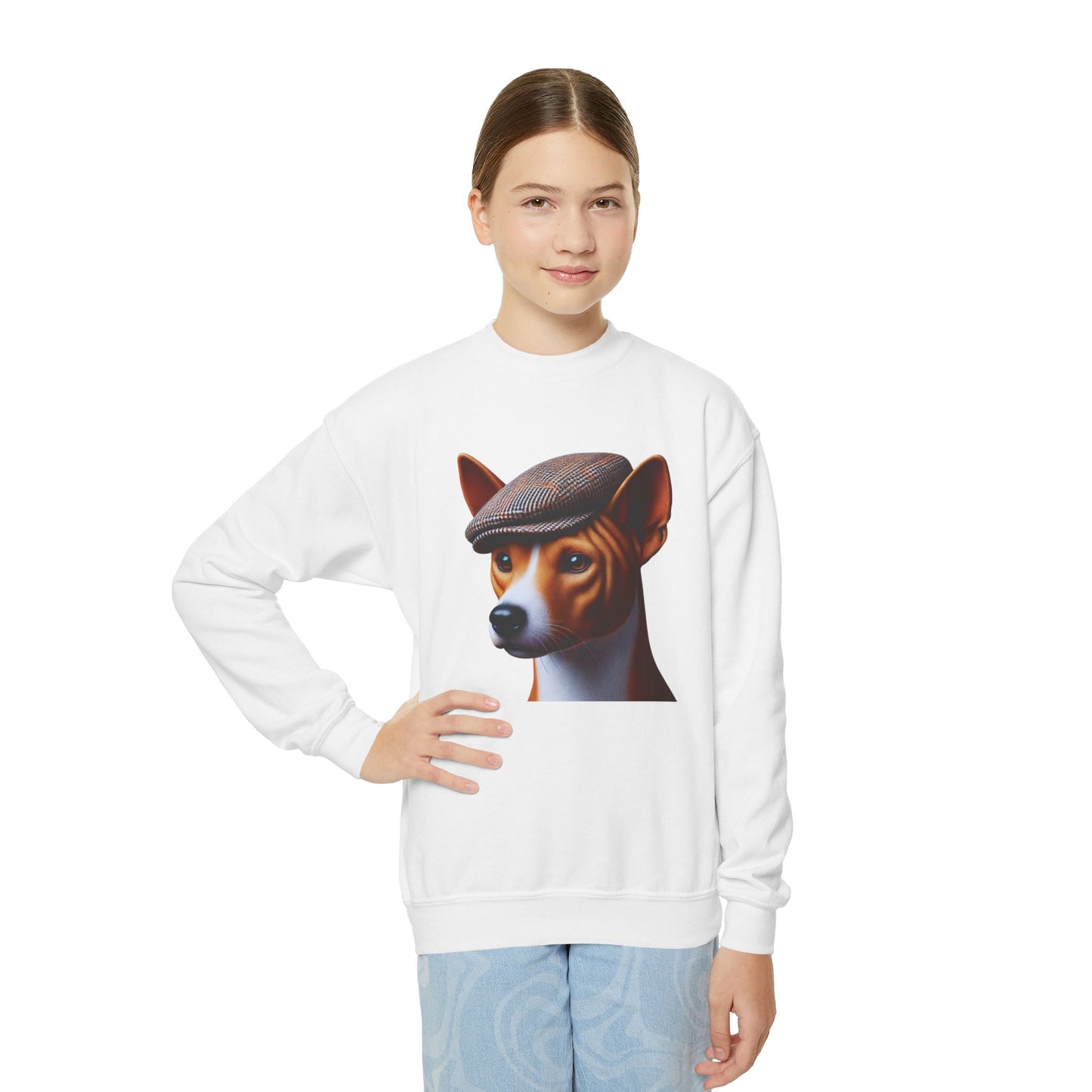 Basenji With Tweed Flat Cap - Youth Crewneck Sweatshirt - Too Cute Pets