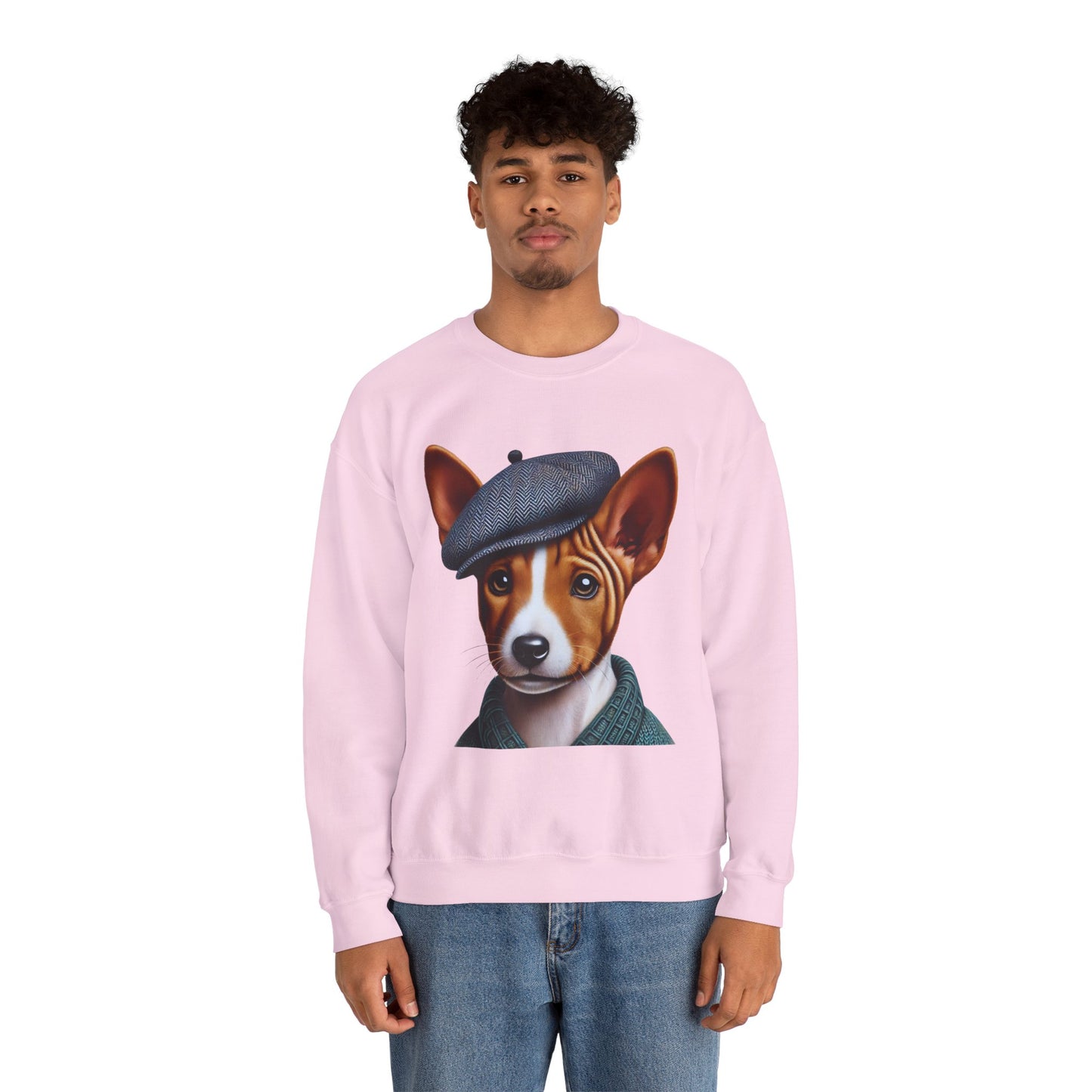 Cute Basenji Pup Wearing Tweed Flat Cap- Adult Crewneck Sweatshirt - Too Cute Pets