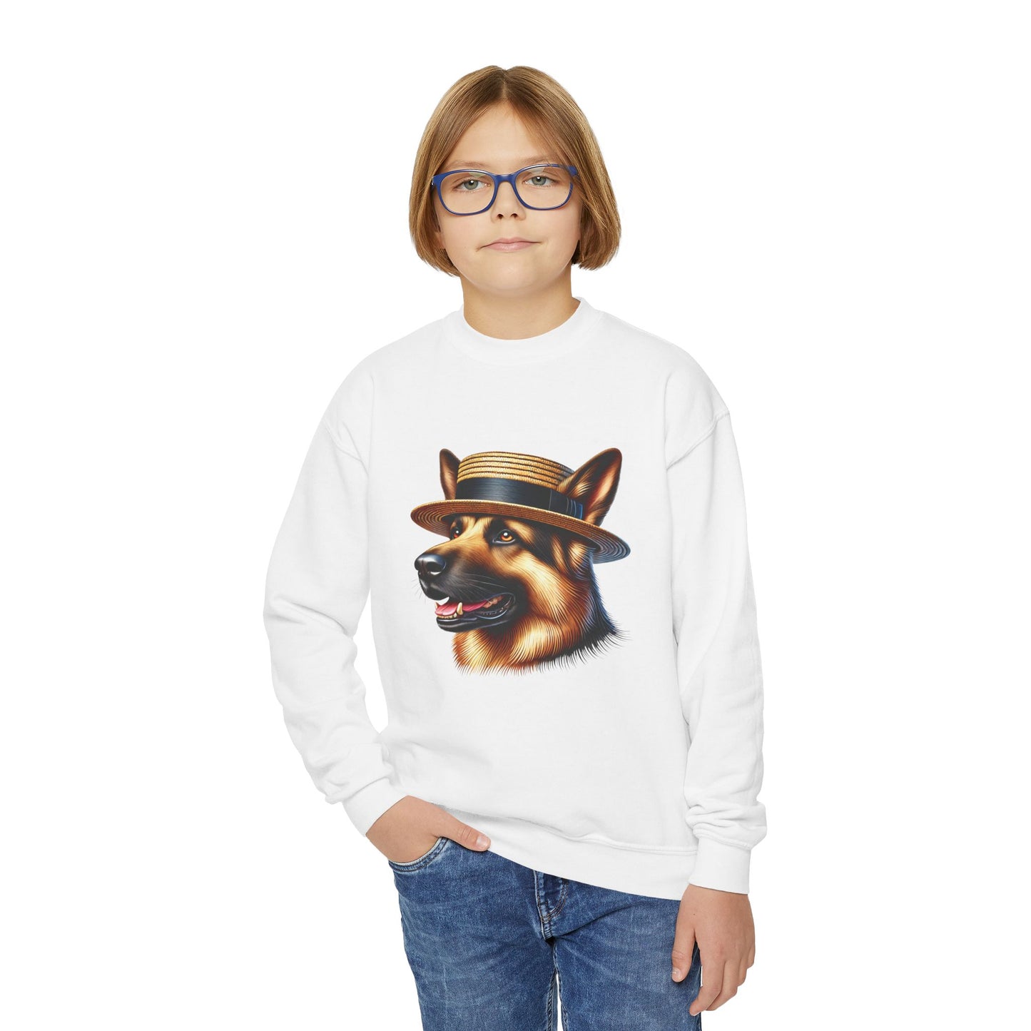 German Shepherd With Boater Hat - Youth Crewneck Sweatshirt - Too Cute Pets