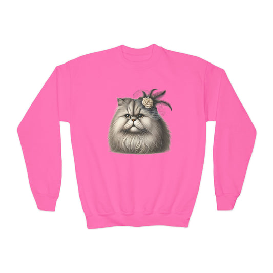 Persian Cat Wearing Fascinator Hat - Youth Crewneck Sweatshirt - Too Cute Pets