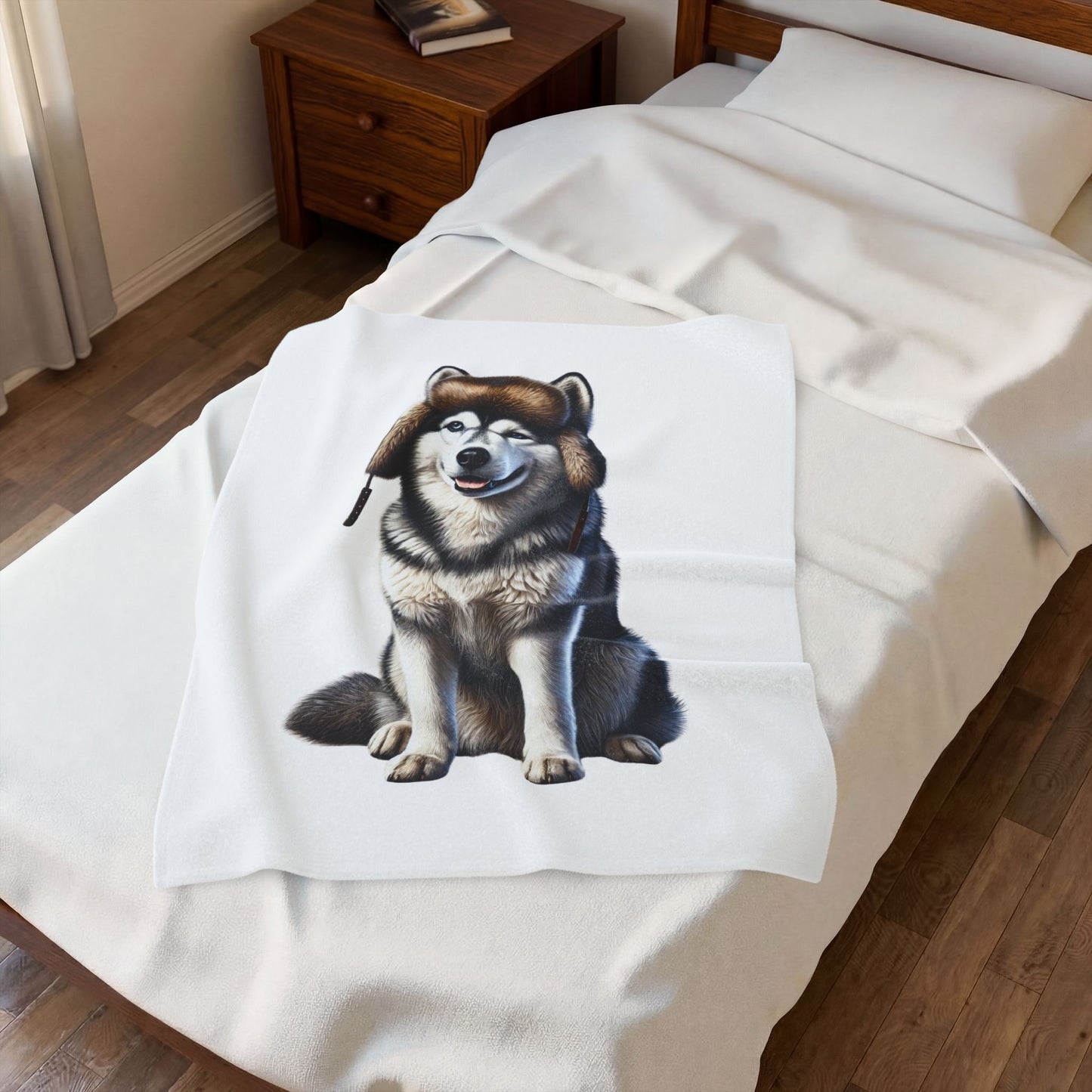 Husky Wearing a Fur Hunter Hat - Sherpa Blanket