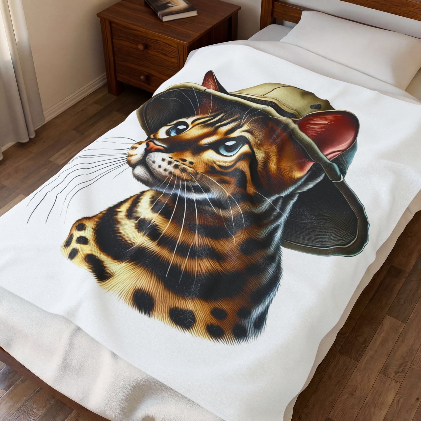 Bengal Cat Wearing a Safari Hat - Sherpa Blanket