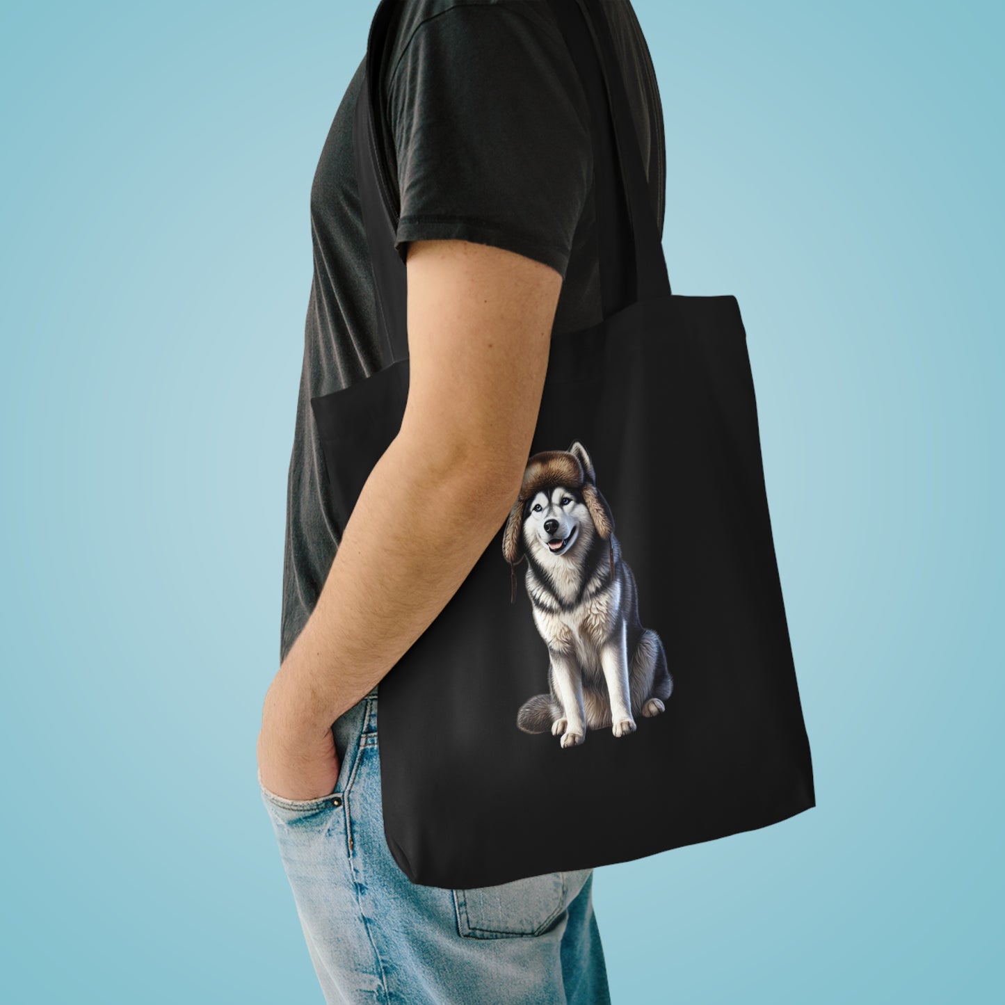 Husky Wearing a Fur Hunter Hat - Cotton Tote Bag