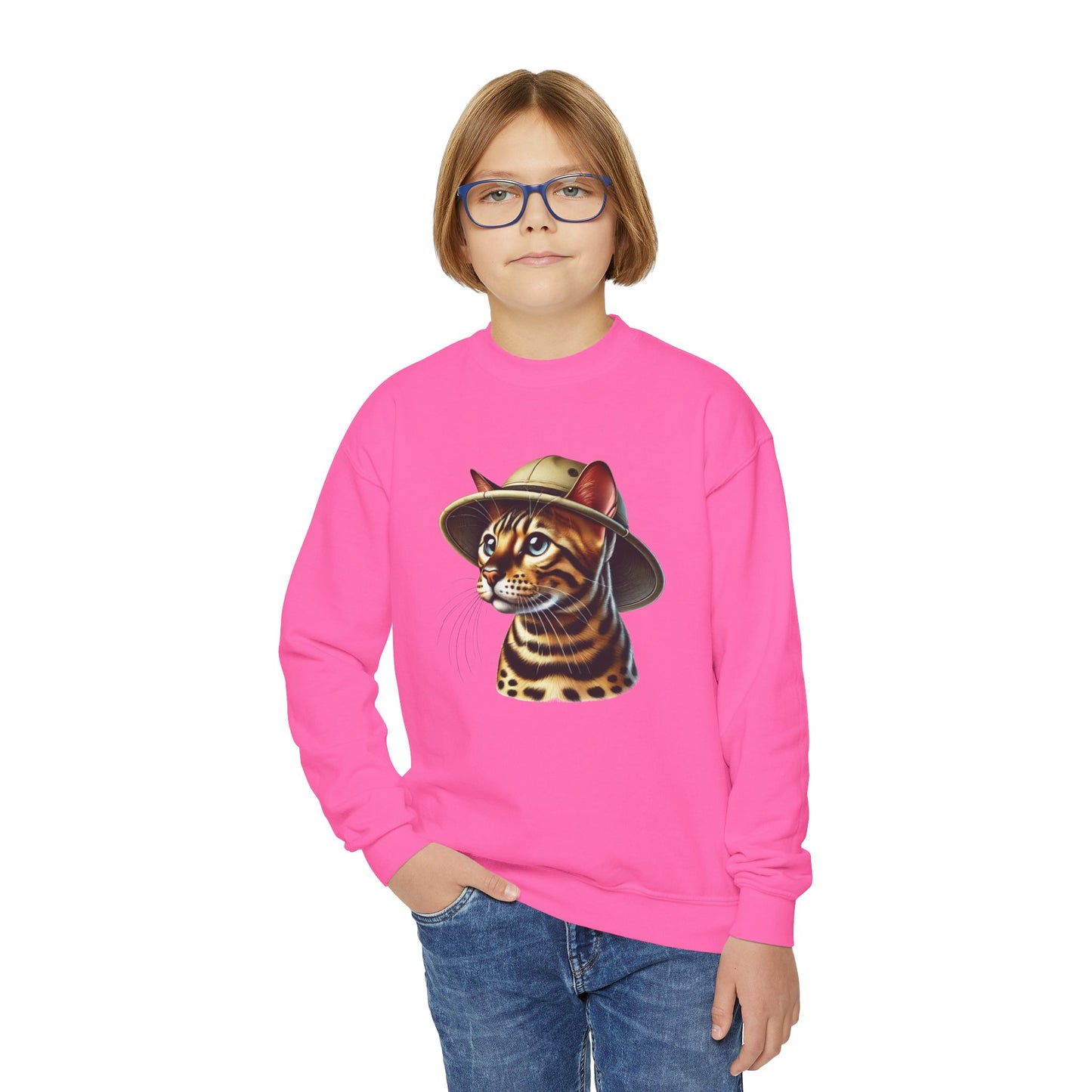 Bengal Cat Safari Hat - Youth Sweatshirt - Too Cute Pets