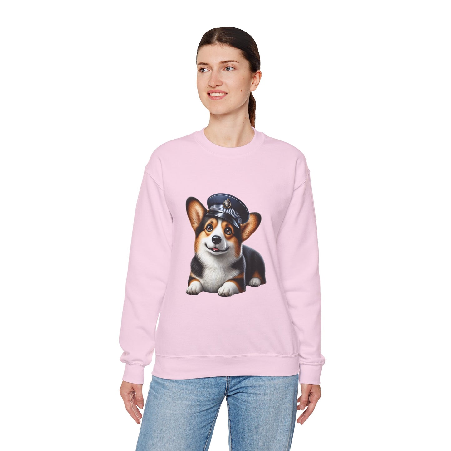 Cute Corgi Wearing A Train Conductors Hat- Adult Crewneck Sweatshirt - Too Cute Pets