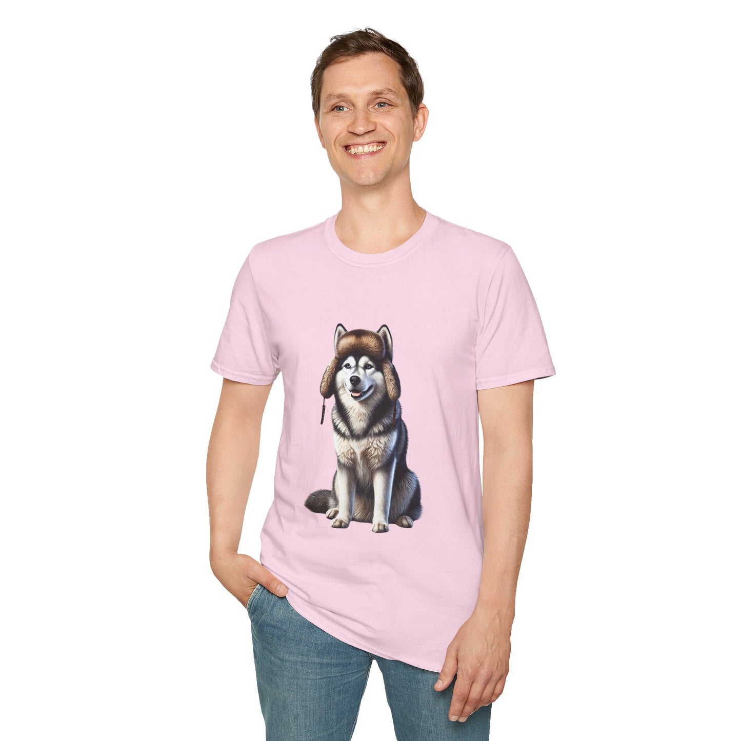 Husky Wearing A Fur Trappers hat- Adult T-Shirt - Too Cute Pets