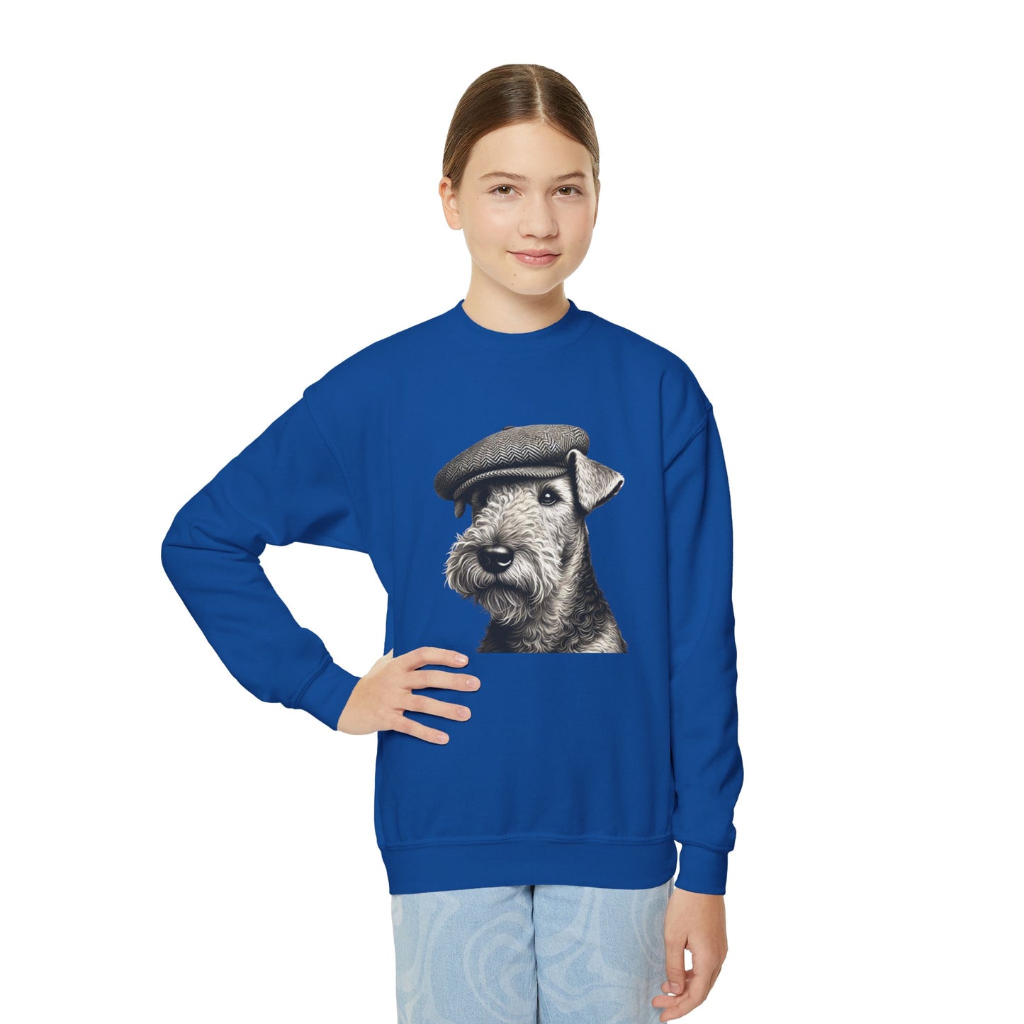 Airedale Terrier Wearing Tweed Flat Cap (Black & White) Youth Crewneck Sweatshirt - Too Cute Pets