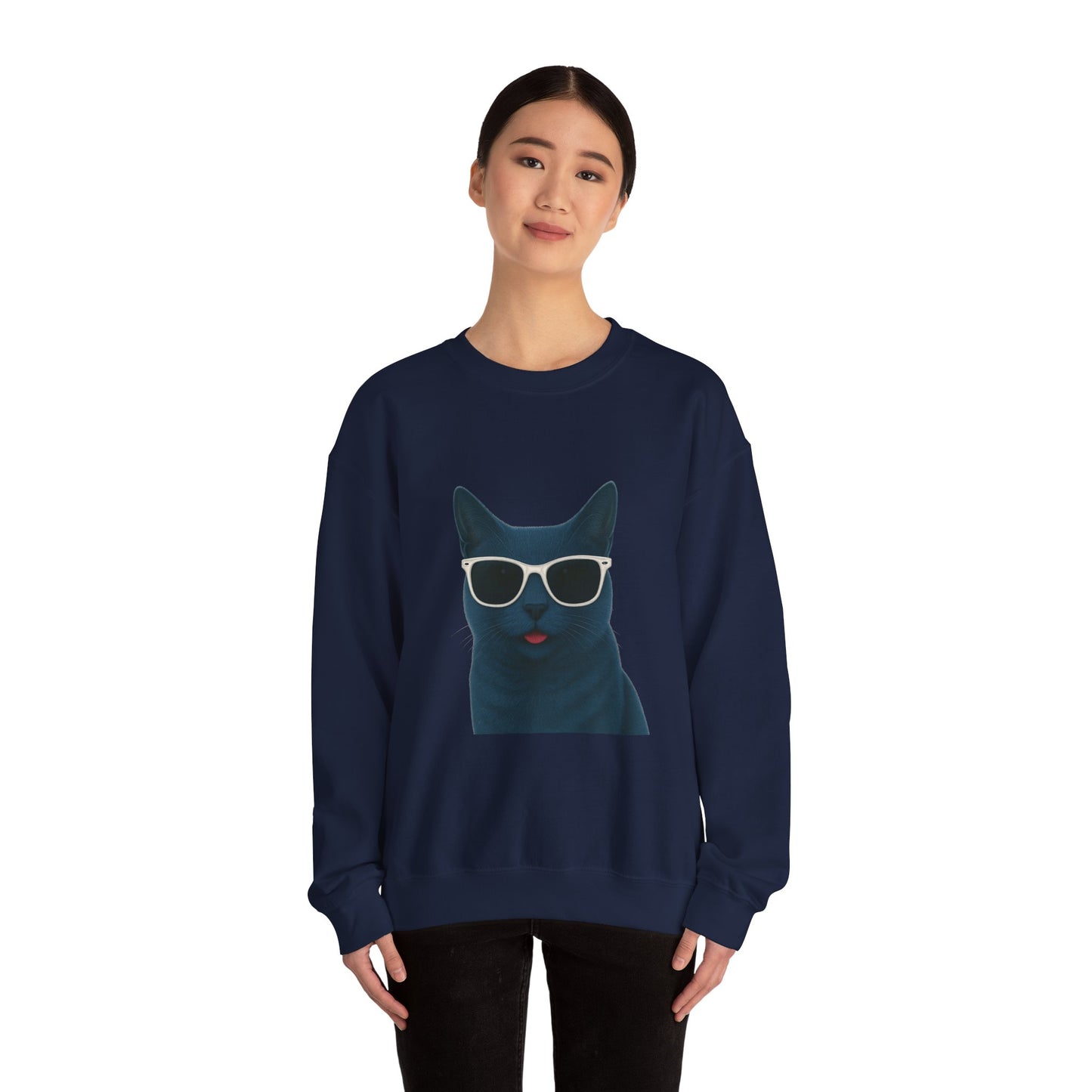 Russian Blue Cat Wearing Sunglasses - Adult Crewneck Sweatshirt