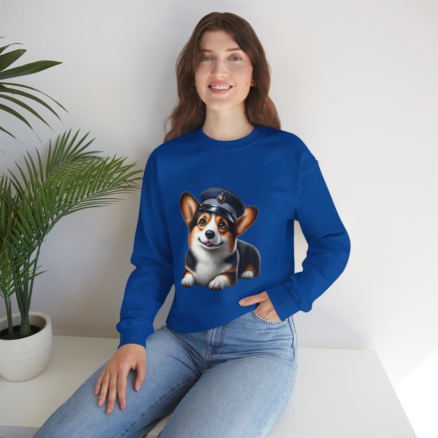 Cute Corgi Wearing A Train Conductors Hat- Adult Crewneck Sweatshirt - Too Cute Pets