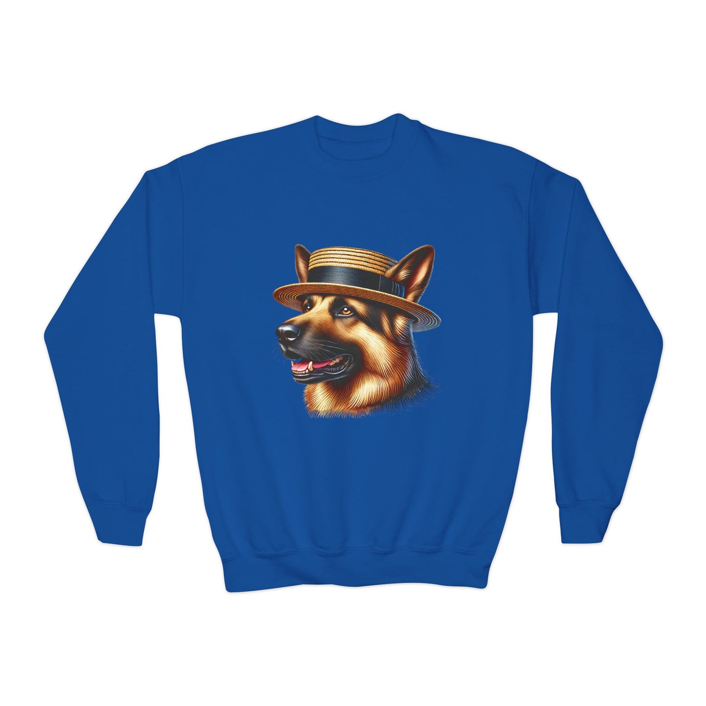 German Shepherd With Boater Hat - Youth Crewneck Sweatshirt - Too Cute Pets