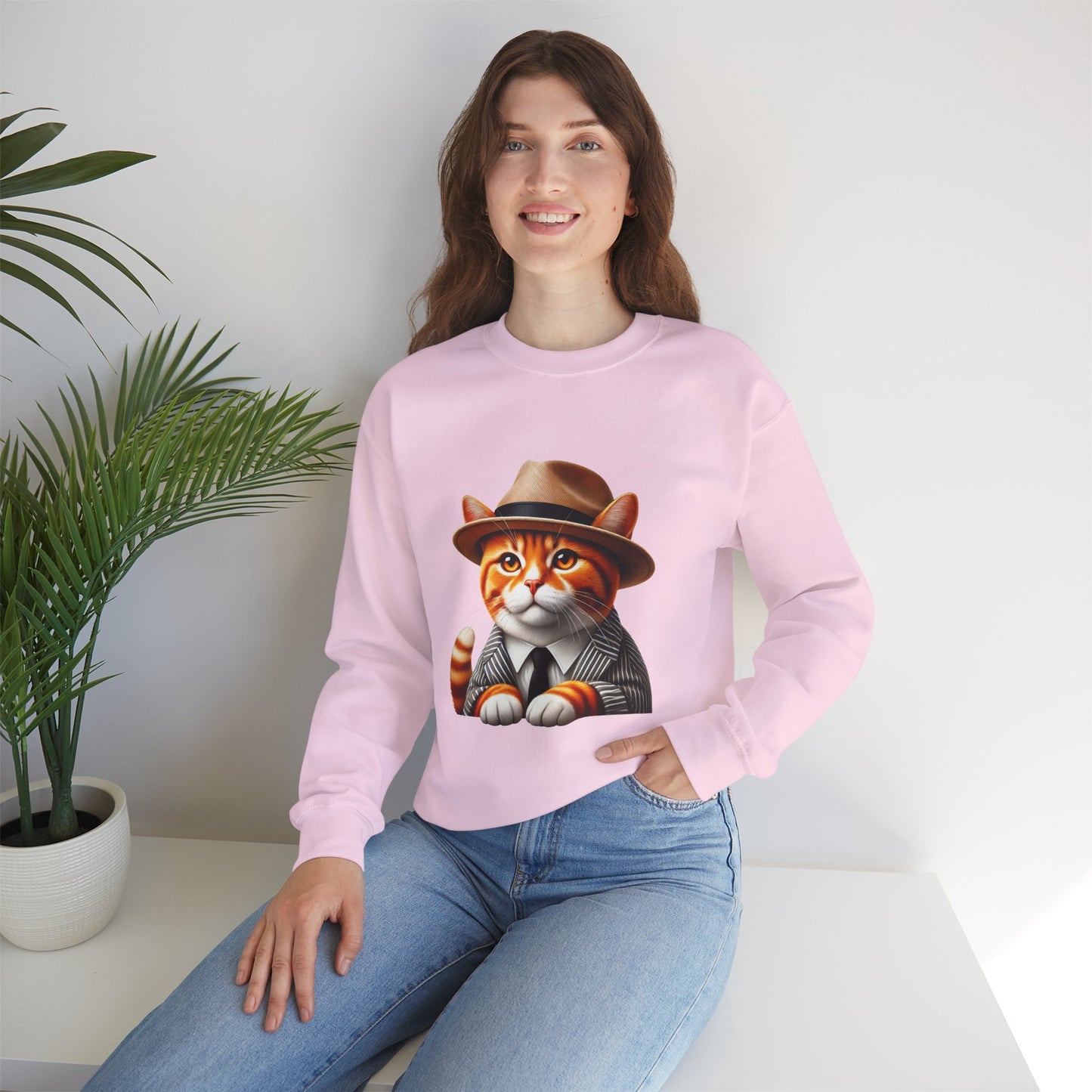 Tabby Cat Wearing A Fedora And Suit - Adult Crewneck Sweatshirt - Too Cute Pets