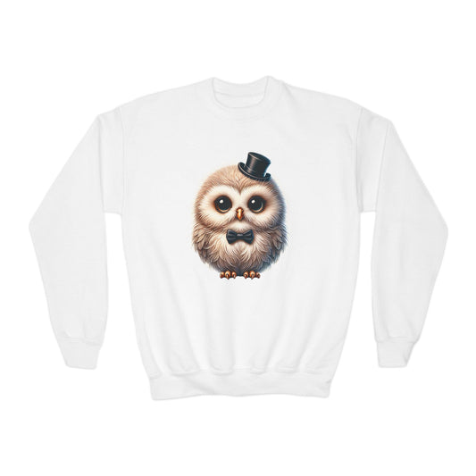 Owl Wearing A Top Hat Youth Crewneck Sweatshirt - Too Cute Pets