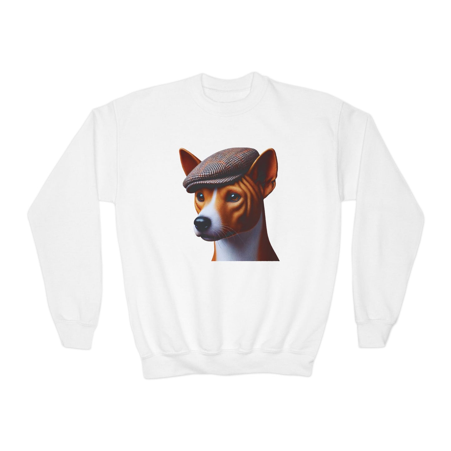 Basenji With Tweed Flat Cap - Youth Crewneck Sweatshirt - Too Cute Pets