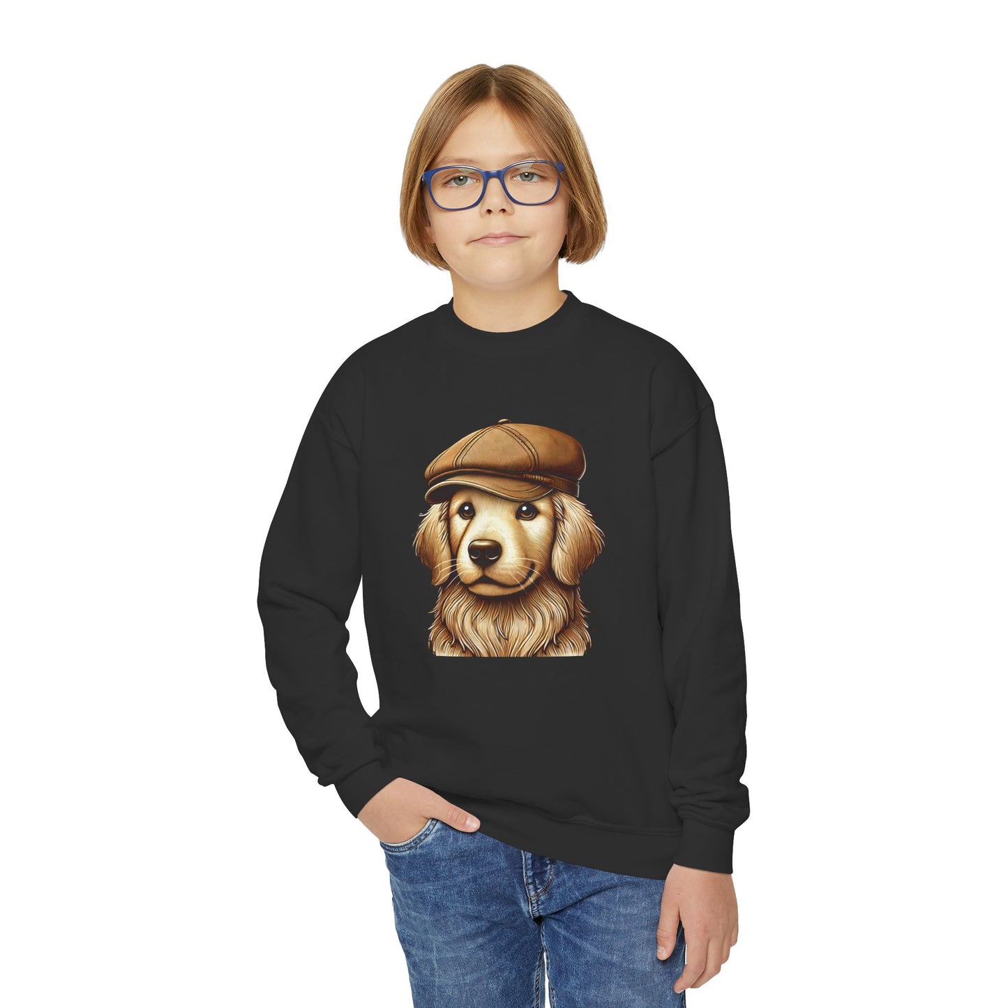 Golden Retriever Wearing Newsboy Hat - Youth Crewneck Sweatshirt - Too Cute Pets