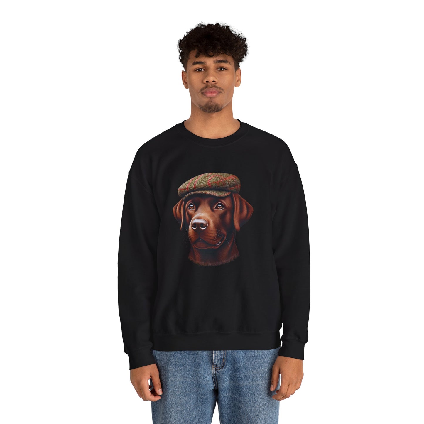 Brown Labrador Wearing Tweed Flat Cap- Adult Crewneck Sweatshirt - Too Cute Pets