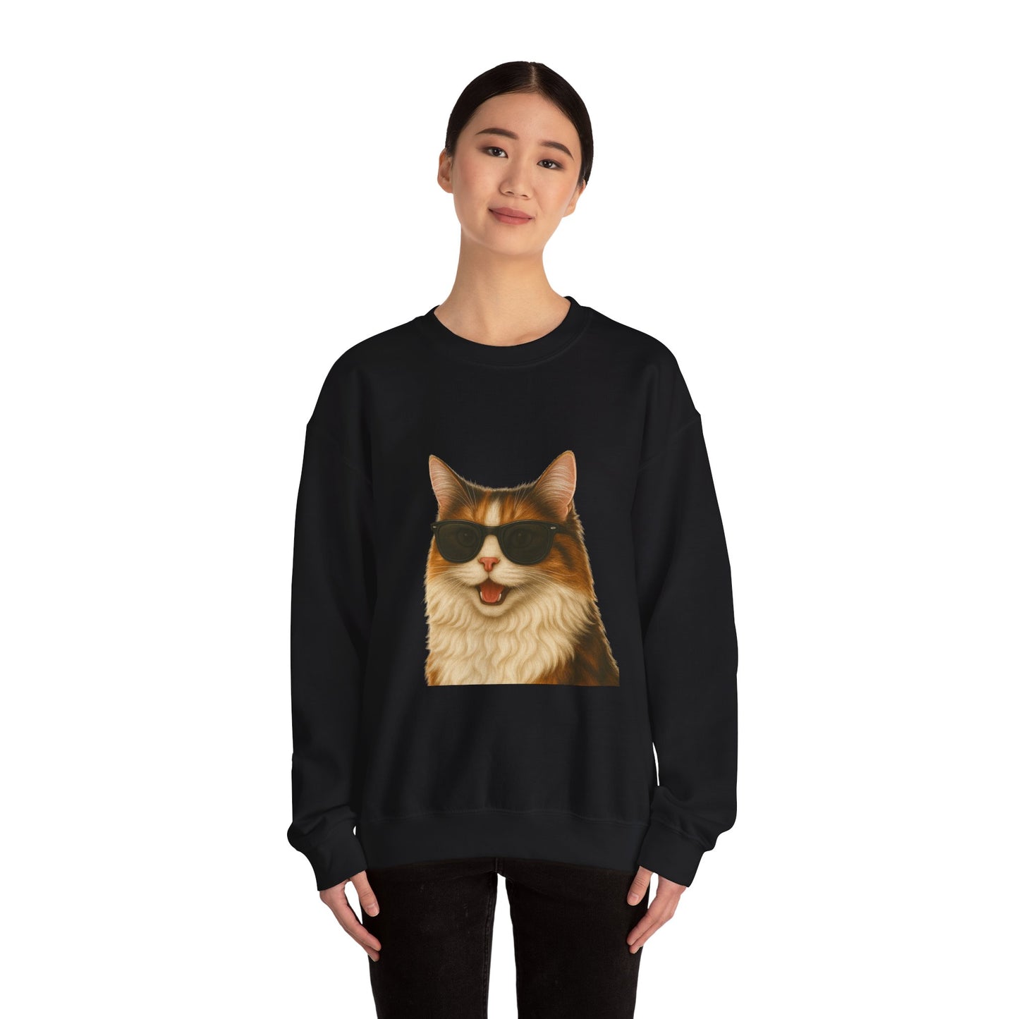 Calico Cat Wearing Sunglasses - Adult Crewneck Sweatshirt