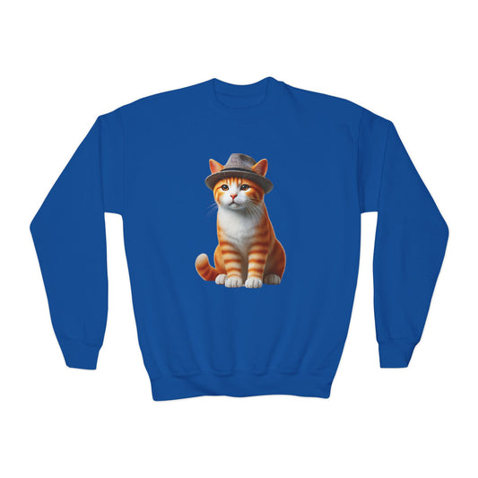 Tabby Kitten With Fedora Hat- Youth Crewneck Sweatshirt - Too Cute Pets