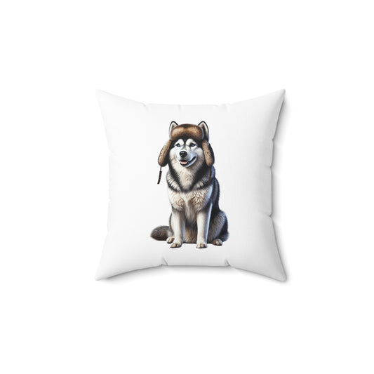 Husky Wearing a Fur Hunter Hat - Throw Pillow