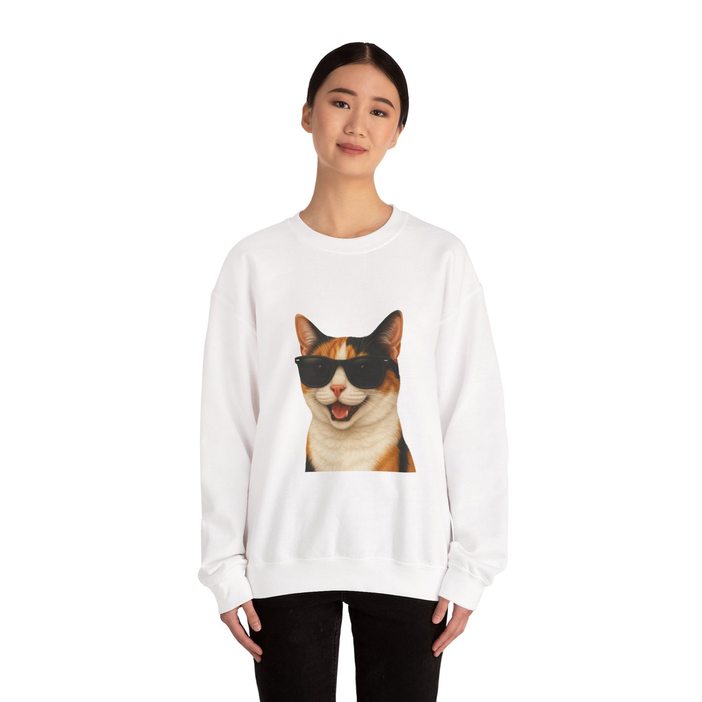 Calico Shorthair Cat Wearing Sunglasses - Adult Crewneck Sweatshirt