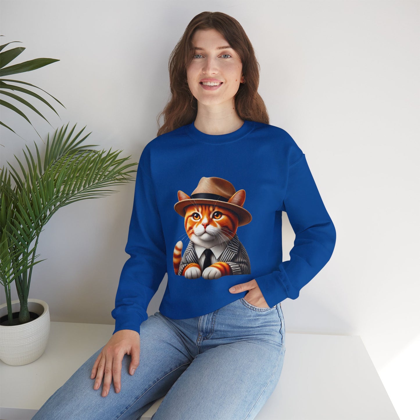 Tabby Cat Wearing A Fedora And Suit - Adult Crewneck Sweatshirt - Too Cute Pets